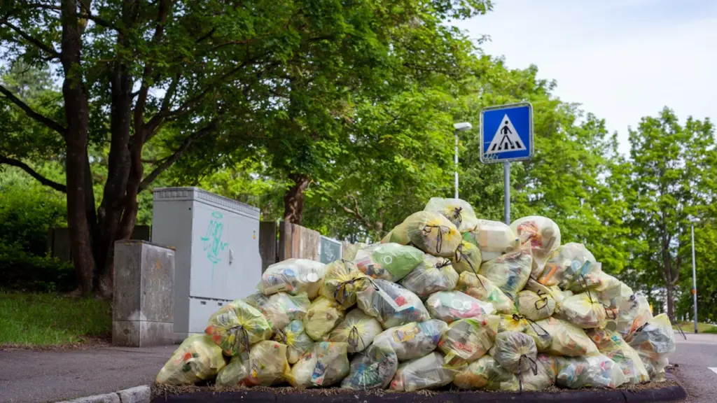 Keliaujant per miestą matoma didelė krūva atliekų maišų šalia pėsčiųjų perėjos.